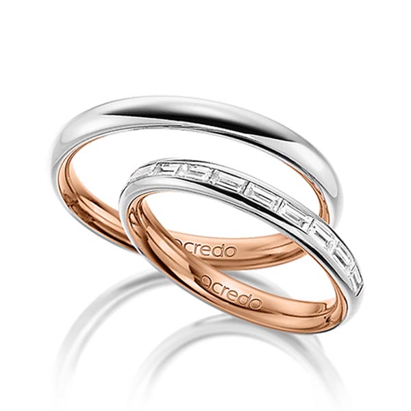 Paar bicolor Memoire-Trauringe/Eheringe in außen Platin 950 , innen Rotgold 750 halbausgefasst mit zus. 0,5 ct. Baguette-Diamant tw, vs von acredo - A-1532-11 Paar bicolor Memoire-Trauringe/Eheringe in außen Platin 950 , innen Rotgold 750 halbausgefasst mit zus. 0,5 ct. Baguette-Diamant tw, vs von acredo - A-1532-11