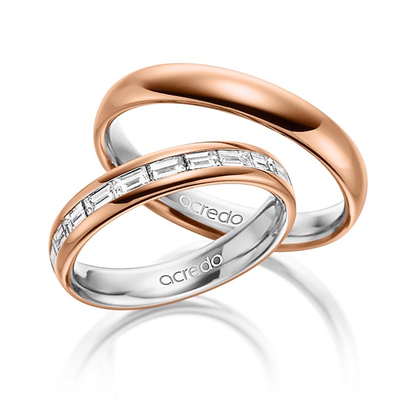 Paar bicolor Memoire-Trauringe/Eheringe in außen Rotgold 750 , innen Platin 950 halbausgefasst mit zus. 0,8 ct. Baguette-Diamant tw, vs von acredo - A-1530-11 Paar bicolor Memoire-Trauringe/Eheringe in außen Rotgold 750 , innen Platin 950 halbausgefasst mit zus. 0,8 ct. Baguette-Diamant tw, vs von acredo - A-1530-11