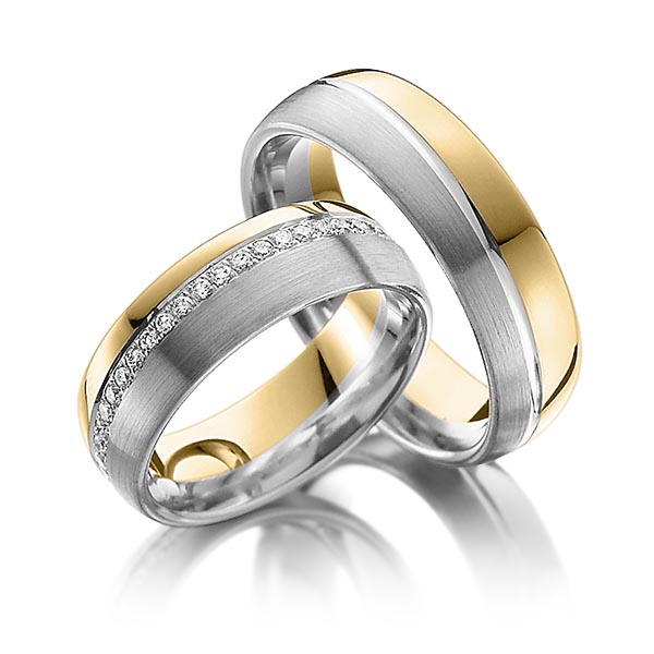 Paar bicolor Memoire-Trauringe/Eheringe in Gelbgold 585 Graugold 585 vollausgefasst mit zus. 0,45 ct. Brillant tw, si von Steinberg - Q-1093-9 Paar bicolor Memoire-Trauringe/Eheringe in Gelbgold 585 Graugold 585 vollausgefasst mit zus. 0,45 ct. Brillant tw, si von Steinberg - Q-1093-9