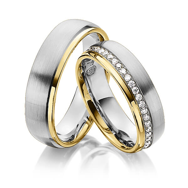 Paar bicolor Memoire-Trauringe/Eheringe in Gelbgold 585 Graugold 585 vollausgefasst mit zus. 0,47 ct. Brillant tw, si von Steinberg - Q-1331-5 Paar bicolor Memoire-Trauringe/Eheringe in Gelbgold 585 Graugold 585 vollausgefasst mit zus. 0,47 ct. Brillant tw, si von Steinberg - Q-1331-5