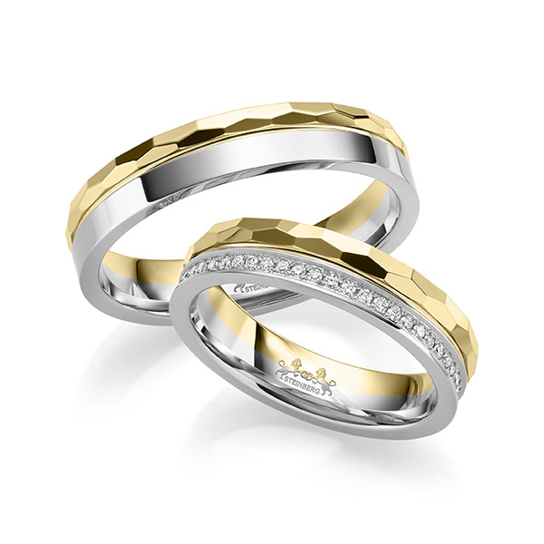 Paar bicolor Memoire-Trauringe/Eheringe in Gelbgold 585 Weißgold 585 vollausgefasst mit zus. 0,275 ct. Brillant tw, si von Steinberg - Q-1693-1 Paar bicolor Memoire-Trauringe/Eheringe in Gelbgold 585 Weißgold 585 vollausgefasst mit zus. 0,275 ct. Brillant tw, si von Steinberg - Q-1693-1