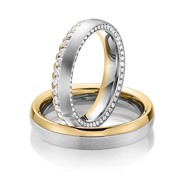 Paar bicolor Memoire-Trauringe/Eheringe in Graugold 585 Gelbgold 585 vollausgefasst mit zus. 1,11 ct. Brillant tw, si von Steinberg - Q-1484-10 Paar bicolor Memoire-Trauringe/Eheringe in Graugold 585 Gelbgold 585 vollausgefasst mit zus. 1,11 ct. Brillant tw, si von Steinberg - Q-1484-10