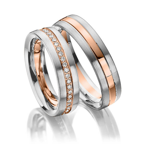 Paar bicolor Memoire-Trauringe/Eheringe in Graugold 585 Rotgold 585 vollausgefasst mit zus. 0,48 ct. Brillant tw, si von Steinberg - Q-1090-16 Paar bicolor Memoire-Trauringe/Eheringe in Graugold 585 Rotgold 585 vollausgefasst mit zus. 0,48 ct. Brillant tw, si von Steinberg - Q-1090-16