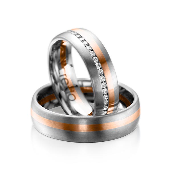 Paar bicolor Memoire-Trauringe/Eheringe in Graugold dunkel 585 Rotgold 585 vollausgefasst mit zus. 0,47 ct. Brillant tw, si von acredo - A-1014-15 Paar bicolor Memoire-Trauringe/Eheringe in Graugold dunkel 585 Rotgold 585 vollausgefasst mit zus. 0,47 ct. Brillant tw, si von acredo - A-1014-15