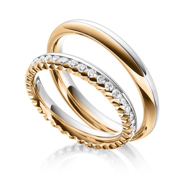 Paar bicolor Memoire-Trauringe/Eheringe in Roségold 585 Graugold 585 vollausgefasst mit zus. 0,72 ct. Brillant tw, si von Steinberg - Q-1480-9 Paar bicolor Memoire-Trauringe/Eheringe in Roségold 585 Graugold 585 vollausgefasst mit zus. 0,72 ct. Brillant tw, si von Steinberg - Q-1480-9