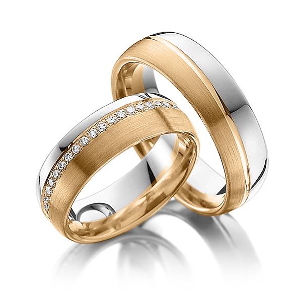 Paar bicolor Memoire-Trauringe/Eheringe in Roségold 585 Weissgold 585 vollausgefasst mit zus. 0,45 ct. Brillant tw, si von Steinberg - Q-1093-5 Paar bicolor Memoire-Trauringe/Eheringe in Roségold 585 Weissgold 585 vollausgefasst mit zus. 0,45 ct. Brillant tw, si von Steinberg - Q-1093-5
