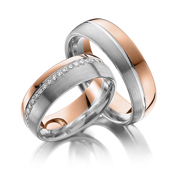 Paar bicolor Memoire-Trauringe/Eheringe in Rotgold 585 Graugold 585 vollausgefasst mit zus. 0,45 ct. Brillant tw, si von Steinberg - Q-1093-11 Paar bicolor Memoire-Trauringe/Eheringe in Rotgold 585 Graugold 585 vollausgefasst mit zus. 0,45 ct. Brillant tw, si von Steinberg - Q-1093-11