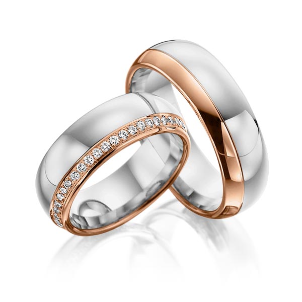 Paar bicolor Memoire-Trauringe/Eheringe in Rotgold 585 Weissgold 585 vollausgefasst mit zus. 0,48 ct. Brillant tw, si von Steinberg - Q-1069-15 Paar bicolor Memoire-Trauringe/Eheringe in Rotgold 585 Weissgold 585 vollausgefasst mit zus. 0,48 ct. Brillant tw, si von Steinberg - Q-1069-15