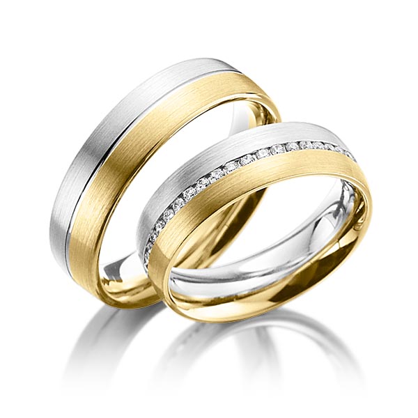 Paar bicolor Memoire-Trauringe/Eheringe in Weissgold 585 Gelbgold 585 vollausgefasst mit zus. 0,45 ct. Brillant tw, si von Steinberg - Q-1070-6 Paar bicolor Memoire-Trauringe/Eheringe in Weissgold 585 Gelbgold 585 vollausgefasst mit zus. 0,45 ct. Brillant tw, si von Steinberg - Q-1070-6