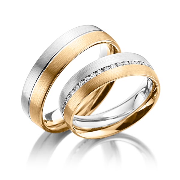 Paar bicolor Memoire-Trauringe/Eheringe in Weissgold 585 Roségold 585 vollausgefasst mit zus. 0,45 ct. Brillant tw, si von Steinberg - Q-1070-7 Paar bicolor Memoire-Trauringe/Eheringe in Weissgold 585 Roségold 585 vollausgefasst mit zus. 0,45 ct. Brillant tw, si von Steinberg - Q-1070-7