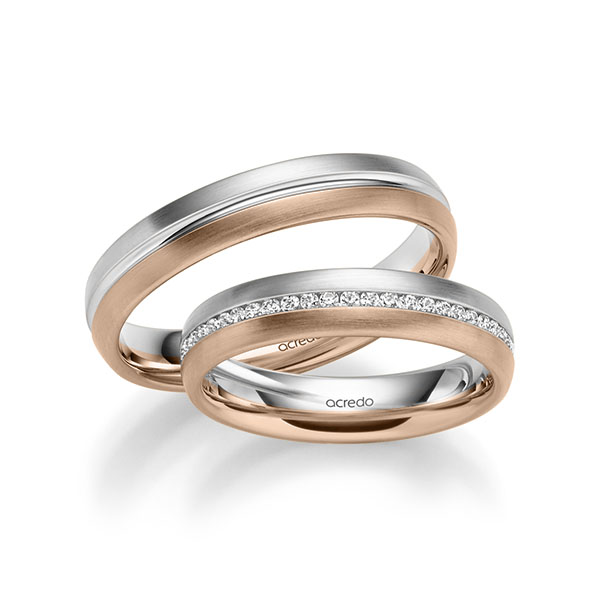 Paar bicolor Memoire-Trauringe/Eheringe in Weissgold 585 Rotgold 585 vollausgefasst mit zus. 0,392 ct. Brillant tw, si von acredo - A-1031-16 Paar bicolor Memoire-Trauringe/Eheringe in Weissgold 585 Rotgold 585 vollausgefasst mit zus. 0,392 ct. Brillant tw, si von acredo - A-1031-16