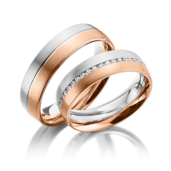 Paar bicolor Memoire-Trauringe/Eheringe in Weissgold 585 Rotgold 585 vollausgefasst mit zus. 0,45 ct. Brillant tw, si von Steinberg - Q-1070-8 Paar bicolor Memoire-Trauringe/Eheringe in Weissgold 585 Rotgold 585 vollausgefasst mit zus. 0,45 ct. Brillant tw, si von Steinberg - Q-1070-8