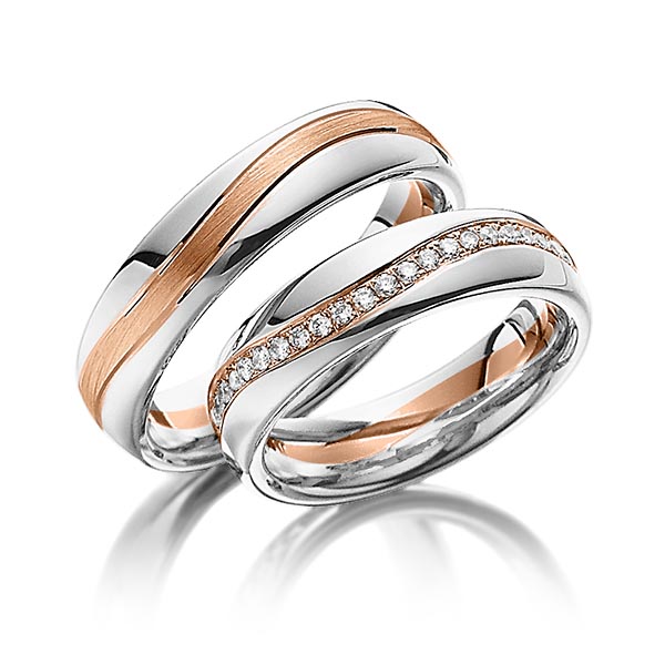 Paar bicolor Memoire-Trauringe/Eheringe in Weissgold 585 Rotgold 585 vollausgefasst mit zus. 0,48 ct. Brillant tw, si von Steinberg - Q-1086-13 Paar bicolor Memoire-Trauringe/Eheringe in Weissgold 585 Rotgold 585 vollausgefasst mit zus. 0,48 ct. Brillant tw, si von Steinberg - Q-1086-13