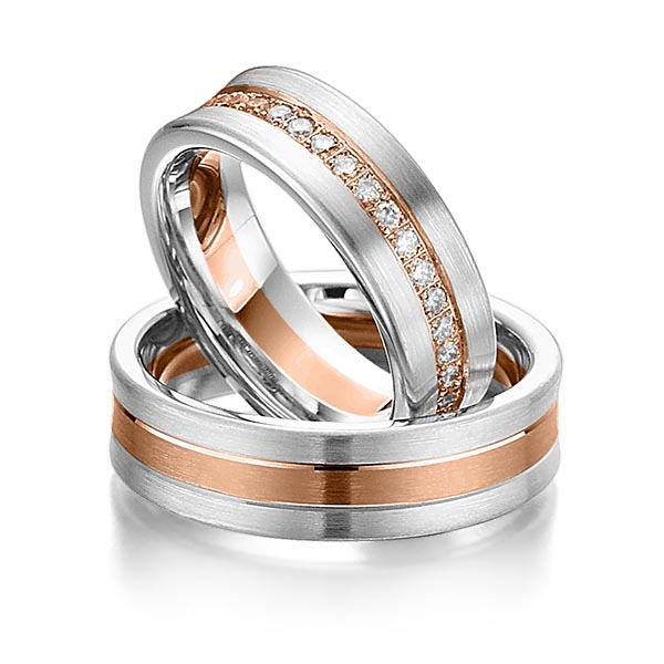 Paar bicolor Memoire-Trauringe/Eheringe in Weissgold 585 Rotgold 585 vollausgefasst mit zus. 0,74 ct. Brillant tw, si von Steinberg - Q-1073-1 Paar bicolor Memoire-Trauringe/Eheringe in Weissgold 585 Rotgold 585 vollausgefasst mit zus. 0,74 ct. Brillant tw, si von Steinberg - Q-1073-1