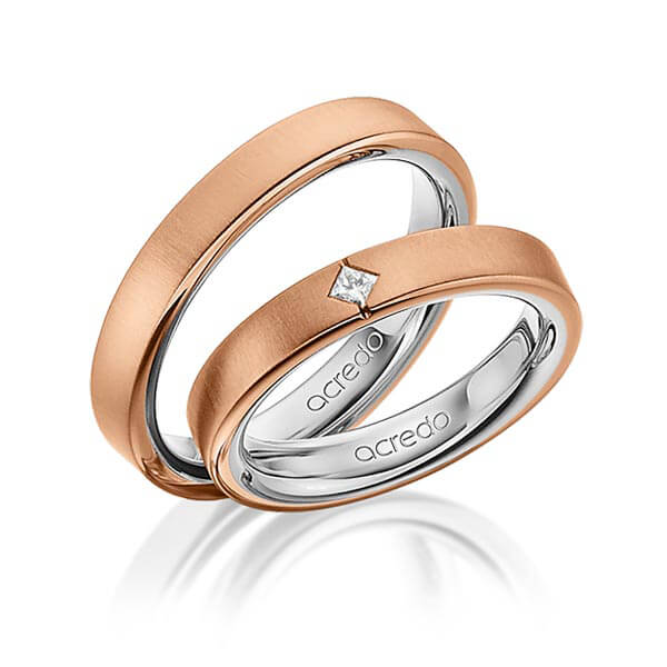 Paar bicolor Trauringe/Eheringe in außen Rotgold 750 , innen Platin 950 mit zus. 0,05 ct. Prinzess-Diamant tw, si von acredo - A-1468-14 Paar bicolor Trauringe/Eheringe in außen Rotgold 750 , innen Platin 950 mit zus. 0,05 ct. Prinzess-Diamant tw, si von acredo - A-1468-14
