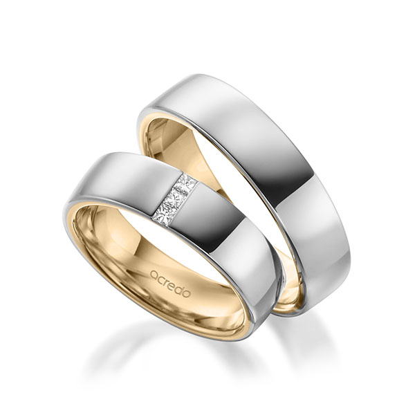 Paar bicolor Trauringe/Eheringe in außen Weißgold 585 , innen Roségold 585 mit zus. 0,09 ct. Prinzess-Diamant tw, si von acredo - A-2009-11 Paar bicolor Trauringe/Eheringe in außen Weißgold 585 , innen Roségold 585 mit zus. 0,09 ct. Prinzess-Diamant tw, si von acredo - A-2009-11
