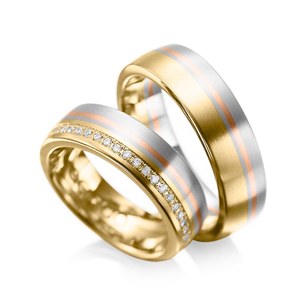 Paar bicolor Trauringe/Eheringe in Gelbgold 585 Graugold 585 Rotgold 585 mit zus. 0,216 ct. Brillant tw, si von acredo - A-1030-8 Paar bicolor Trauringe/Eheringe in Gelbgold 585 Graugold 585 Rotgold 585 mit zus. 0,216 ct. Brillant tw, si von acredo - A-1030-8