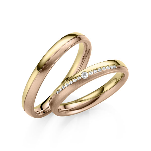 Paar bicolor Trauringe/Eheringe in Gelbgold 585 Rotgold 585 mit zus. 0,095 ct. Brillant tw, vs von 123gold - Y-1418-11 Paar bicolor Trauringe/Eheringe in Gelbgold 585 Rotgold 585 mit zus. 0,095 ct. Brillant tw, vs von 123gold - Y-1418-11