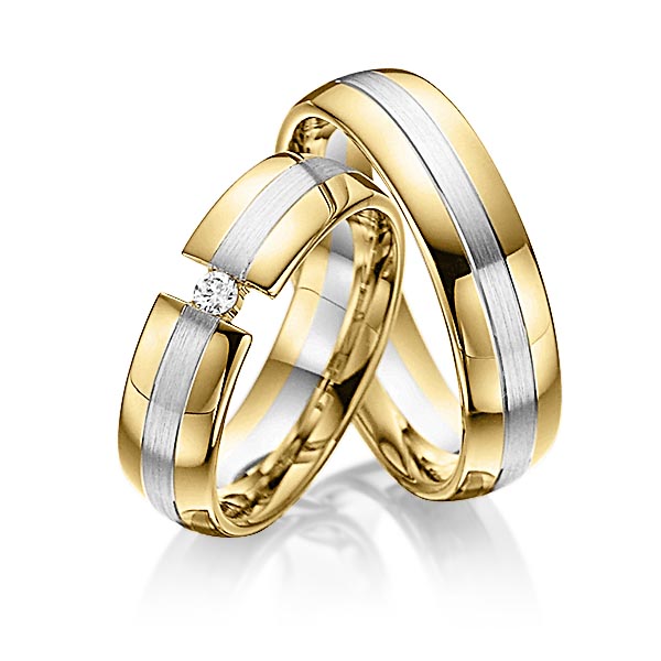 Paar bicolor Trauringe/Eheringe in Gelbgold 585 Weissgold 585 mit zus. 0,05 ct. Brillant tw, si von Steinberg - Q-1088-10 Paar bicolor Trauringe/Eheringe in Gelbgold 585 Weissgold 585 mit zus. 0,05 ct. Brillant tw, si von Steinberg - Q-1088-10