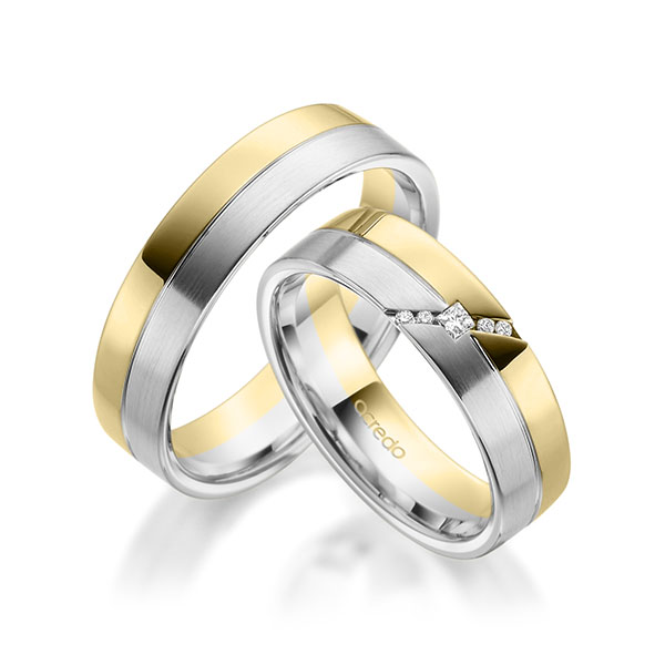 Paar bicolor Trauringe/Eheringe in Gelbgold 585 Weißgold 585 mit zus. 0,05 ct. Prinzess-Diamant & Brillant tw, si von acredo - A-1954-2 Paar bicolor Trauringe/Eheringe in Gelbgold 585 Weißgold 585 mit zus. 0,05 ct. Prinzess-Diamant & Brillant tw, si von acredo - A-1954-2