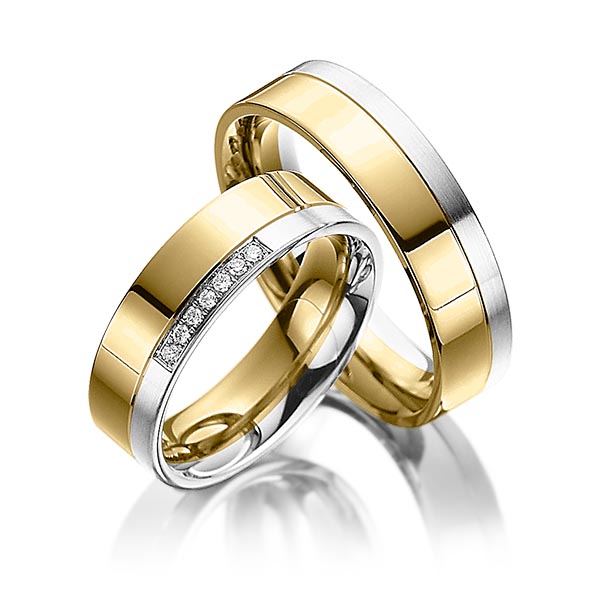 Paar bicolor Trauringe/Eheringe in Gelbgold 585 Weissgold 585 mit zus. 0,07 ct. Brillant tw, si von Steinberg - Q-1089-1 Paar bicolor Trauringe/Eheringe in Gelbgold 585 Weissgold 585 mit zus. 0,07 ct. Brillant tw, si von Steinberg - Q-1089-1