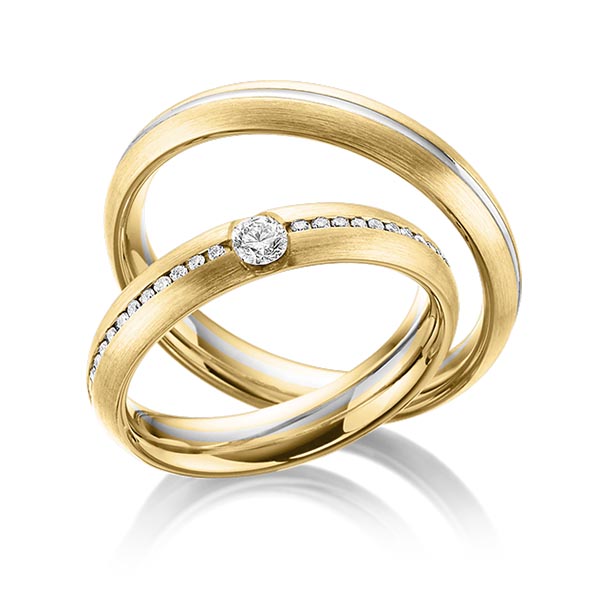Paar bicolor Trauringe/Eheringe in Gelbgold 585 Weissgold 585 mit zus. 0,22 ct. Brillant tw, si von Steinberg - Q-1481-1 Paar bicolor Trauringe/Eheringe in Gelbgold 585 Weissgold 585 mit zus. 0,22 ct. Brillant tw, si von Steinberg - Q-1481-1