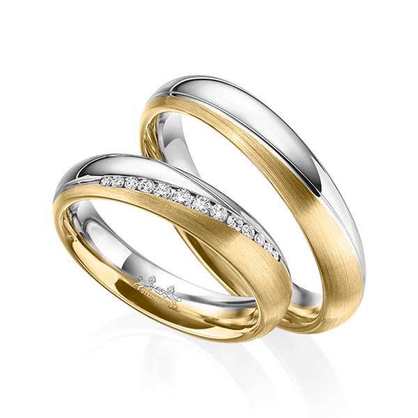 Paar bicolor Trauringe/Eheringe in Graugold 585 Gelbgold 585 mit zus. 0,14 ct. Brillant tw, si von Steinberg - Q-1578-9 Paar bicolor Trauringe/Eheringe in Graugold 585 Gelbgold 585 mit zus. 0,14 ct. Brillant tw, si von Steinberg - Q-1578-9