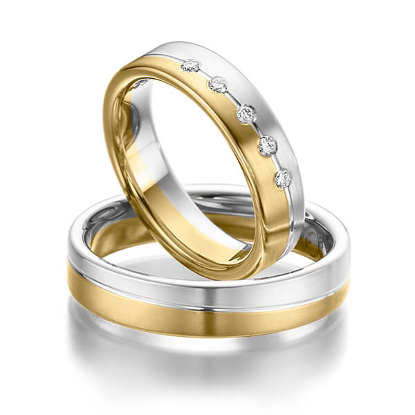 Paar bicolor Trauringe/Eheringe in Graugold 585 Gelbgold 585 mit zus. 0,1 ct. Brillant tw, si von Steinberg - Q-1095-5 Paar bicolor Trauringe/Eheringe in Graugold 585 Gelbgold 585 mit zus. 0,1 ct. Brillant tw, si von Steinberg - Q-1095-5