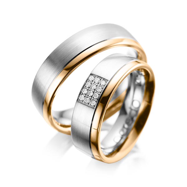 Paar bicolor Trauringe/Eheringe in Graugold 585 Roségold 585 mit zus. 0,096 ct. Brillant tw, si von acredo - A-1043-6 Paar bicolor Trauringe/Eheringe in Graugold 585 Roségold 585 mit zus. 0,096 ct. Brillant tw, si von acredo - A-1043-6