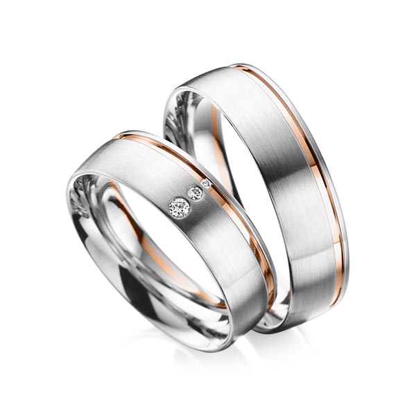Paar bicolor Trauringe/Eheringe in Graugold 585 Rotgold 585 mit zus. 0,035 ct. Brillant tw, vs tw, si von acredo - A-6022-4 Paar bicolor Trauringe/Eheringe in Graugold 585 Rotgold 585 mit zus. 0,035 ct. Brillant tw, vs tw, si von acredo - A-6022-4