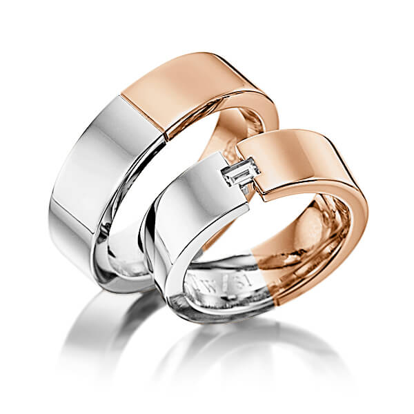 Paar bicolor Trauringe/Eheringe in Graugold 585 Rotgold 585 mit zus. 0,15 ct. Baguette-Diamant tw, vs von 123gold - P-1121-2 Paar bicolor Trauringe/Eheringe in Graugold 585 Rotgold 585 mit zus. 0,15 ct. Baguette-Diamant tw, vs von 123gold - P-1121-2