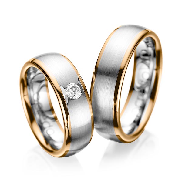 Paar bicolor Trauringe/Eheringe in Roségold 585 Graugold 585 mit zus. 0,15 ct. Brillant tw, si von acredo - A-1065-4 Paar bicolor Trauringe/Eheringe in Roségold 585 Graugold 585 mit zus. 0,15 ct. Brillant tw, si von acredo - A-1065-4