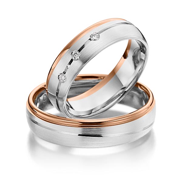 Paar bicolor Trauringe/Eheringe in Rotgold 585 Weißgold 585 mit zus. 0,06 ct. Brillant tw, si von Steinberg - T-1127-1 Paar bicolor Trauringe/Eheringe in Rotgold 585 Weißgold 585 mit zus. 0,06 ct. Brillant tw, si von Steinberg - T-1127-1