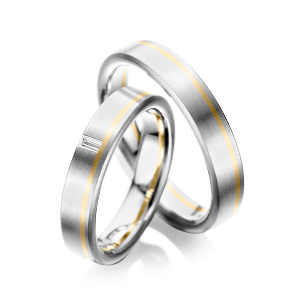 Paar bicolor Trauringe/Eheringe in Weissgold 585 Gelbgold 585 mit zus. 0,05 ct. Baguette-Diamant tw, vs von acredo - A-1022-4 Paar bicolor Trauringe/Eheringe in Weissgold 585 Gelbgold 585 mit zus. 0,05 ct. Baguette-Diamant tw, vs von acredo - A-1022-4