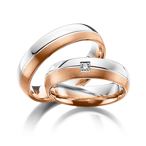 Paar bicolor Trauringe/Eheringe in Weissgold 585 Rotgold 585 mit zus. 0,03 ct. Brillant tw, si von Steinberg - Q-1091-1 Paar bicolor Trauringe/Eheringe in Weissgold 585 Rotgold 585 mit zus. 0,03 ct. Brillant tw, si von Steinberg - Q-1091-1