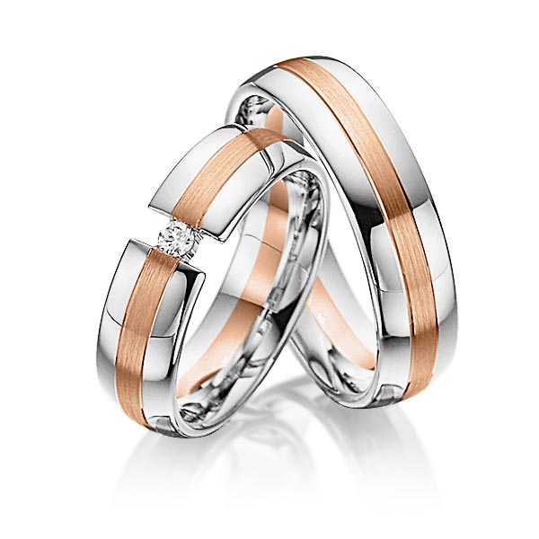 Paar bicolor Trauringe/Eheringe in Weissgold 585 Rotgold 585 mit zus. 0,05 ct. Brillant tw, si von Steinberg - Q-1088-9 Paar bicolor Trauringe/Eheringe in Weissgold 585 Rotgold 585 mit zus. 0,05 ct. Brillant tw, si von Steinberg - Q-1088-9