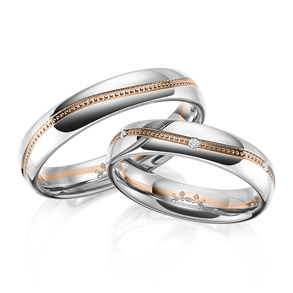 Paar bicolor Trauringe/Eheringe in Weißgold 585 Rotgold 585 mit zus. 0,06 ct. Brillant tw, si von Steinberg - Q-1652-3 Paar bicolor Trauringe/Eheringe in Weißgold 585 Rotgold 585 mit zus. 0,06 ct. Brillant tw, si von Steinberg - Q-1652-3