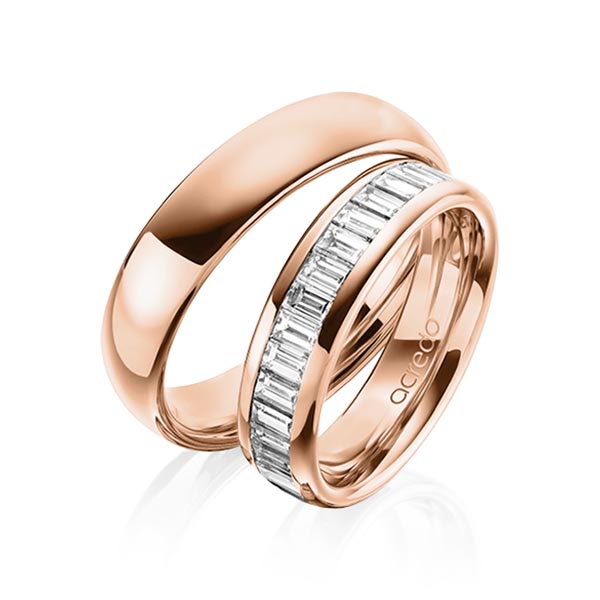 Paar klassische Memoire-Trauringe/Eheringe in außen Rotgold 585 , innen Rotgold 585 halbausgefasst mit zus. 1,36 ct. Baguette-Diamant tw, vs von acredo - A-1497-4 Paar klassische Memoire-Trauringe/Eheringe in außen Rotgold 585 , innen Rotgold 585 halbausgefasst mit zus. 1,36 ct. Baguette-Diamant tw, vs von acredo - A-1497-4