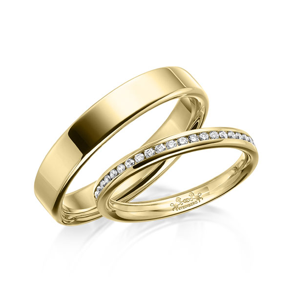 Paar klassische Memoire-Trauringe/Eheringe in Gelbgold 585 halbausgefasst mit zus. 0,14 ct. Brillant tw, si von Steinberg - Q-1632-1 Paar klassische Memoire-Trauringe/Eheringe in Gelbgold 585 halbausgefasst mit zus. 0,14 ct. Brillant tw, si von Steinberg - Q-1632-1