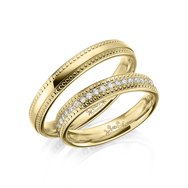 Paar klassische Memoire-Trauringe/Eheringe in Gelbgold 585 halbausgefasst mit zus. 0,21 ct. Brillant tw, si von Steinberg - Q-1639-5 Paar klassische Memoire-Trauringe/Eheringe in Gelbgold 585 halbausgefasst mit zus. 0,21 ct. Brillant tw, si von Steinberg - Q-1639-5