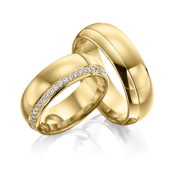 Paar klassische Memoire-Trauringe/Eheringe in Gelbgold 585 vollausgefasst mit zus. 0,48 ct. Brillant tw, si von Steinberg - Q-1069-5 Paar klassische Memoire-Trauringe/Eheringe in Gelbgold 585 vollausgefasst mit zus. 0,48 ct. Brillant tw, si von Steinberg - Q-1069-5