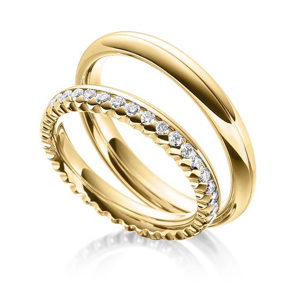 Paar klassische Memoire-Trauringe/Eheringe in Gelbgold 585 vollausgefasst mit zus. 0,72 ct. Brillant tw, si von Steinberg - Q-1480-6 Paar klassische Memoire-Trauringe/Eheringe in Gelbgold 585 vollausgefasst mit zus. 0,72 ct. Brillant tw, si von Steinberg - Q-1480-6