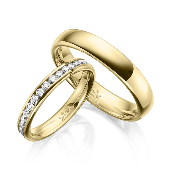 Paar klassische Memoire-Trauringe/Eheringe in Gelbgold 585 vollausgefasst mit zus. 0,99 ct. Brillant tw, si von Steinberg - Q-1621-1 Paar klassische Memoire-Trauringe/Eheringe in Gelbgold 585 vollausgefasst mit zus. 0,99 ct. Brillant tw, si von Steinberg - Q-1621-1