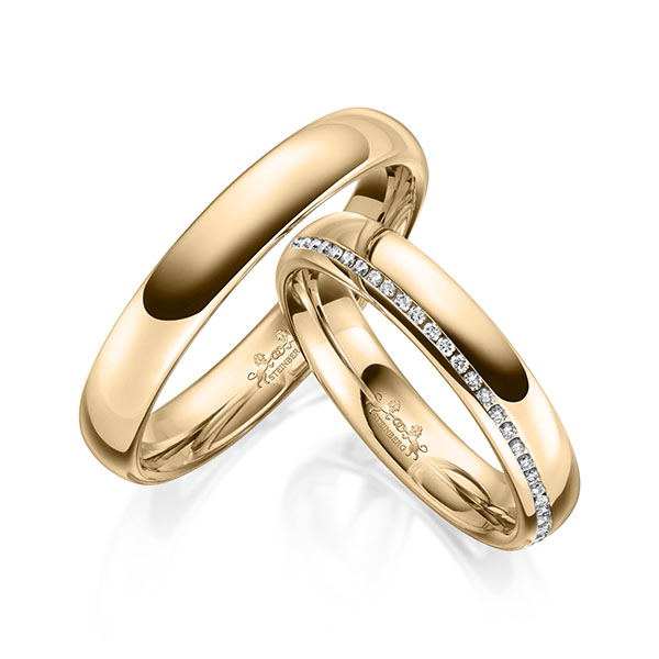 Paar klassische Memoire-Trauringe/Eheringe in Roségold 585 halbausgefasst mit zus. 0,145 ct. Brillant tw, si von Steinberg - Q-1633-4 Paar klassische Memoire-Trauringe/Eheringe in Roségold 585 halbausgefasst mit zus. 0,145 ct. Brillant tw, si von Steinberg - Q-1633-4
