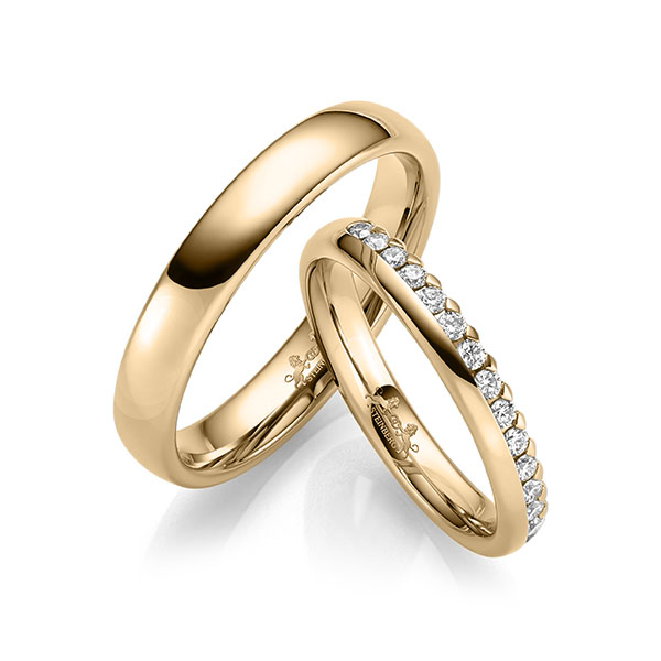 Paar klassische Memoire-Trauringe/Eheringe in Roségold 585 halbausgefasst mit zus. 0,34 ct. Brillant tw, si von Steinberg - Q-1698-3 Paar klassische Memoire-Trauringe/Eheringe in Roségold 585 halbausgefasst mit zus. 0,34 ct. Brillant tw, si von Steinberg - Q-1698-3