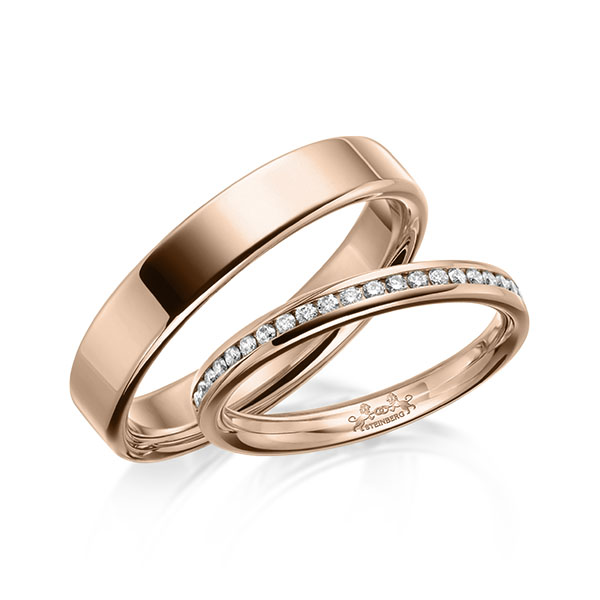 Paar klassische Memoire-Trauringe/Eheringe in Rotgold 585 halbausgefasst mit zus. 0,14 ct. Brillant tw, si von Steinberg - Q-1632-3 Paar klassische Memoire-Trauringe/Eheringe in Rotgold 585 halbausgefasst mit zus. 0,14 ct. Brillant tw, si von Steinberg - Q-1632-3