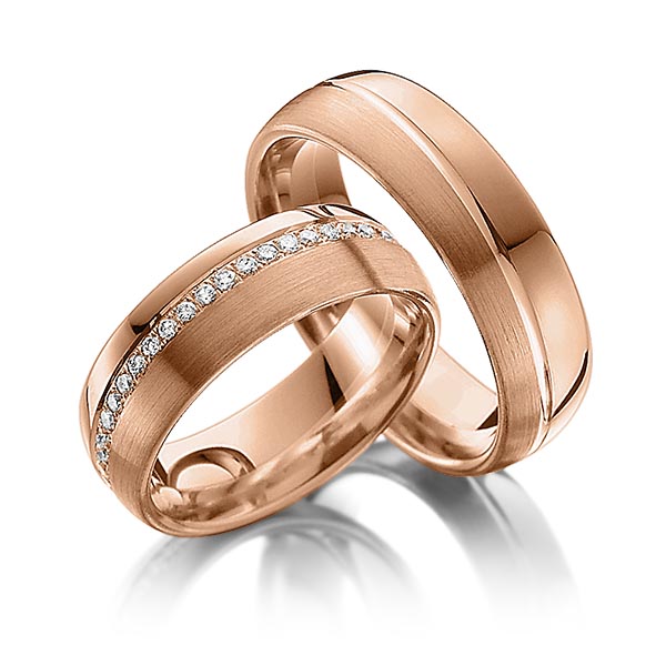 Paar klassische Memoire-Trauringe/Eheringe in Rotgold 585 vollausgefasst mit zus. 0,45 ct. Brillant tw, si von Steinberg - Q-1093-4 Paar klassische Memoire-Trauringe/Eheringe in Rotgold 585 vollausgefasst mit zus. 0,45 ct. Brillant tw, si von Steinberg - Q-1093-4