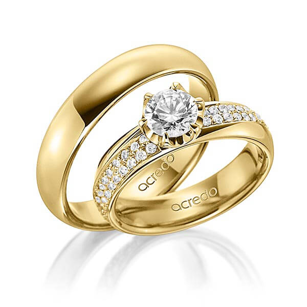 Paar klassische Trauringe/Eheringe in außen Gelbgold 585 , innen Gelbgold 585 mit 0,7 ct. + zus. 0,672 ct. Brillant tw, si tw, vs von acredo - A-1499-6 Paar klassische Trauringe/Eheringe in außen Gelbgold 585 , innen Gelbgold 585 mit 0,7 ct. + zus. 0,672 ct. Brillant tw, si tw, vs von acredo - A-1499-6