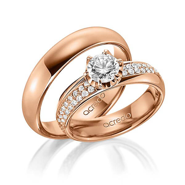 Paar klassische Trauringe/Eheringe in außen Rotgold 585 , innen Rotgold 585 mit 0,7 ct. + zus. 0,672 ct. Brillant tw, si tw, vs von acredo - A-1499-5 Paar klassische Trauringe/Eheringe in außen Rotgold 585 , innen Rotgold 585 mit 0,7 ct. + zus. 0,672 ct. Brillant tw, si tw, vs von acredo - A-1499-5