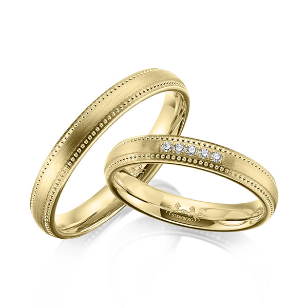 Paar klassische Trauringe/Eheringe in Gelbgold 585 mit zus. 0,05 ct. Brillant tw, si von Steinberg - Q-1642-1 Paar klassische Trauringe/Eheringe in Gelbgold 585 mit zus. 0,05 ct. Brillant tw, si von Steinberg - Q-1642-1